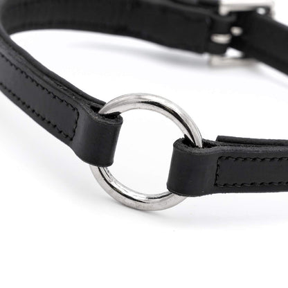 Jeffers padded black leather dog collar, angled close-up of the center O-ring joining the stitched leather straps