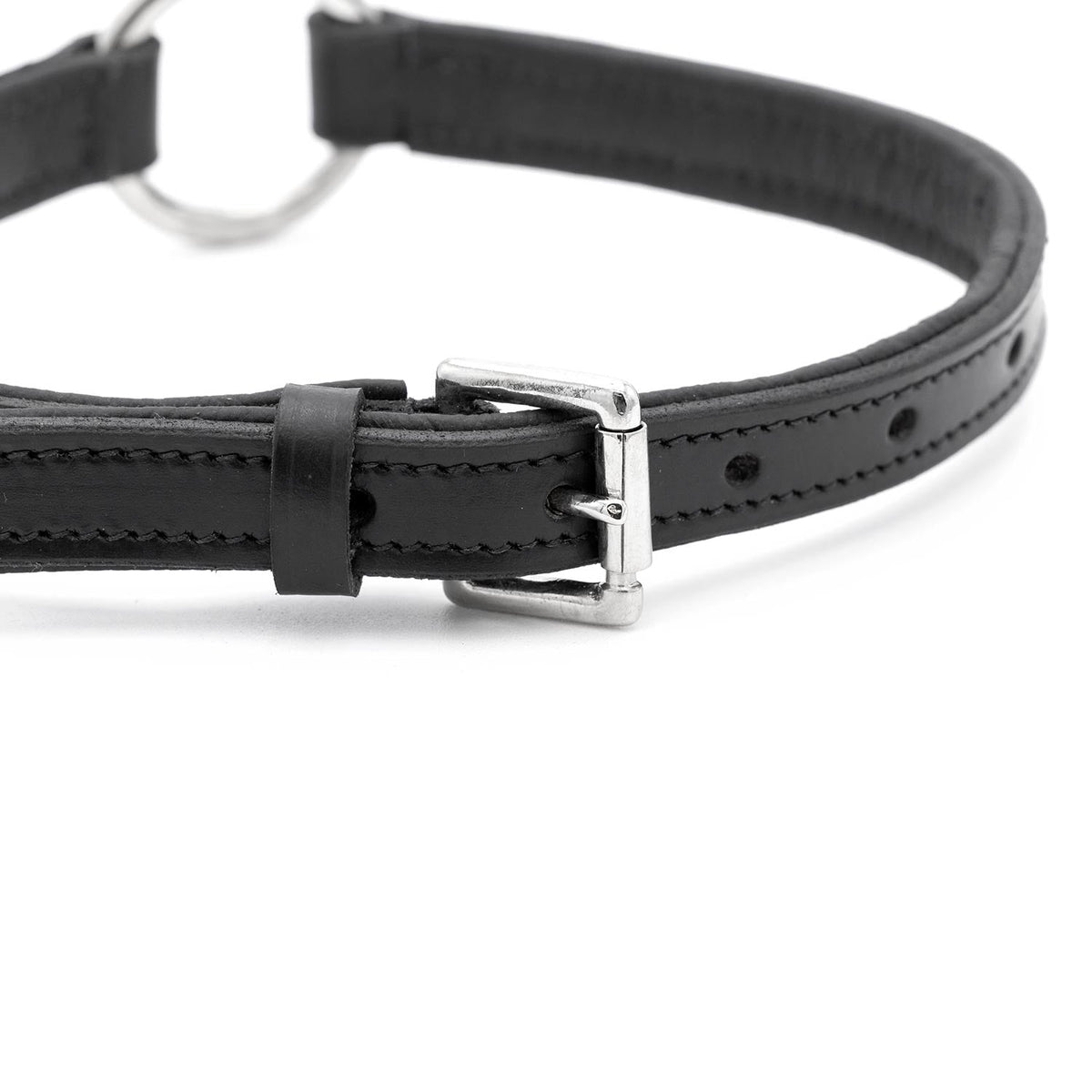 Jeffers padded black leather dog collar, close-up of the nickel-plated buckle, leather keeper and adjustment holes