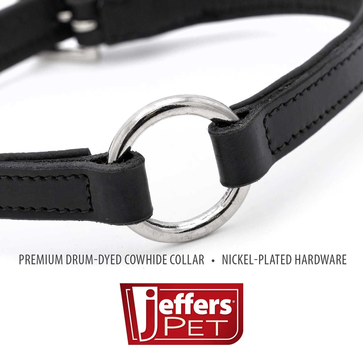 Jeffers padded black leather dog collar, O-ring close-up captioned drum-dyed cowhide and nickel-plated hardware