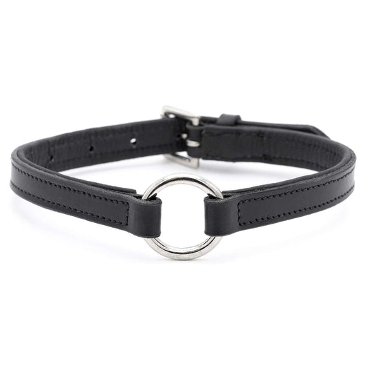Jeffers padded black leather dog collar, front view with the nickel-plated center O-ring and the buckle at the back