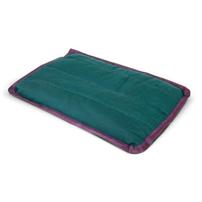 Dark green Jeffers crate pad from a low angle, showing its puffy quilted fill and wine trim
