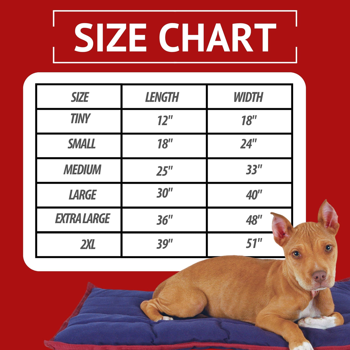 Jeffers washable crate pad size chart, six sizes from Tiny 12 by 18 inches to 2XL 39 by 51 inches