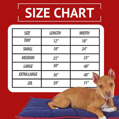 Jeffers washable crate pad size chart, six sizes from Tiny 12 by 18 inches to 2XL 39 by 51 inches