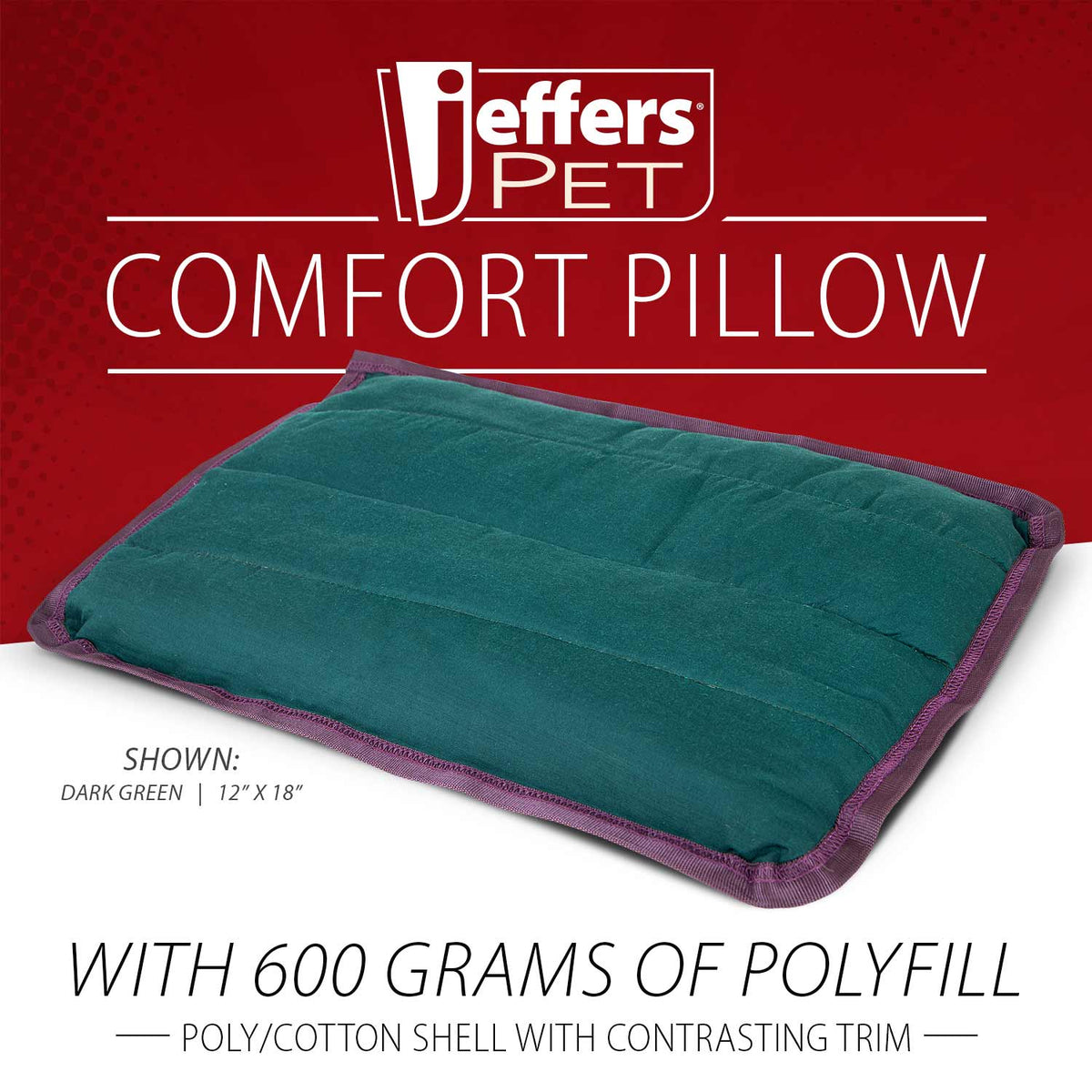 Dark green Jeffers crate pad in the 12 by 18 inch size, noting 600 grams of polyfill and a poly/cotton shell