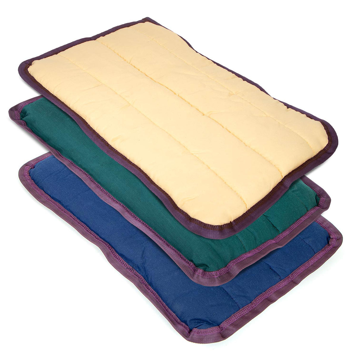 Three Jeffers washable crate pads stacked in tan, dark green, and navy blue