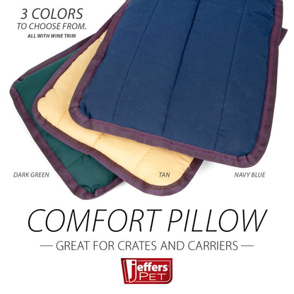 Jeffers washable crate pads fanned out in dark green, tan, and navy blue, all with wine trim