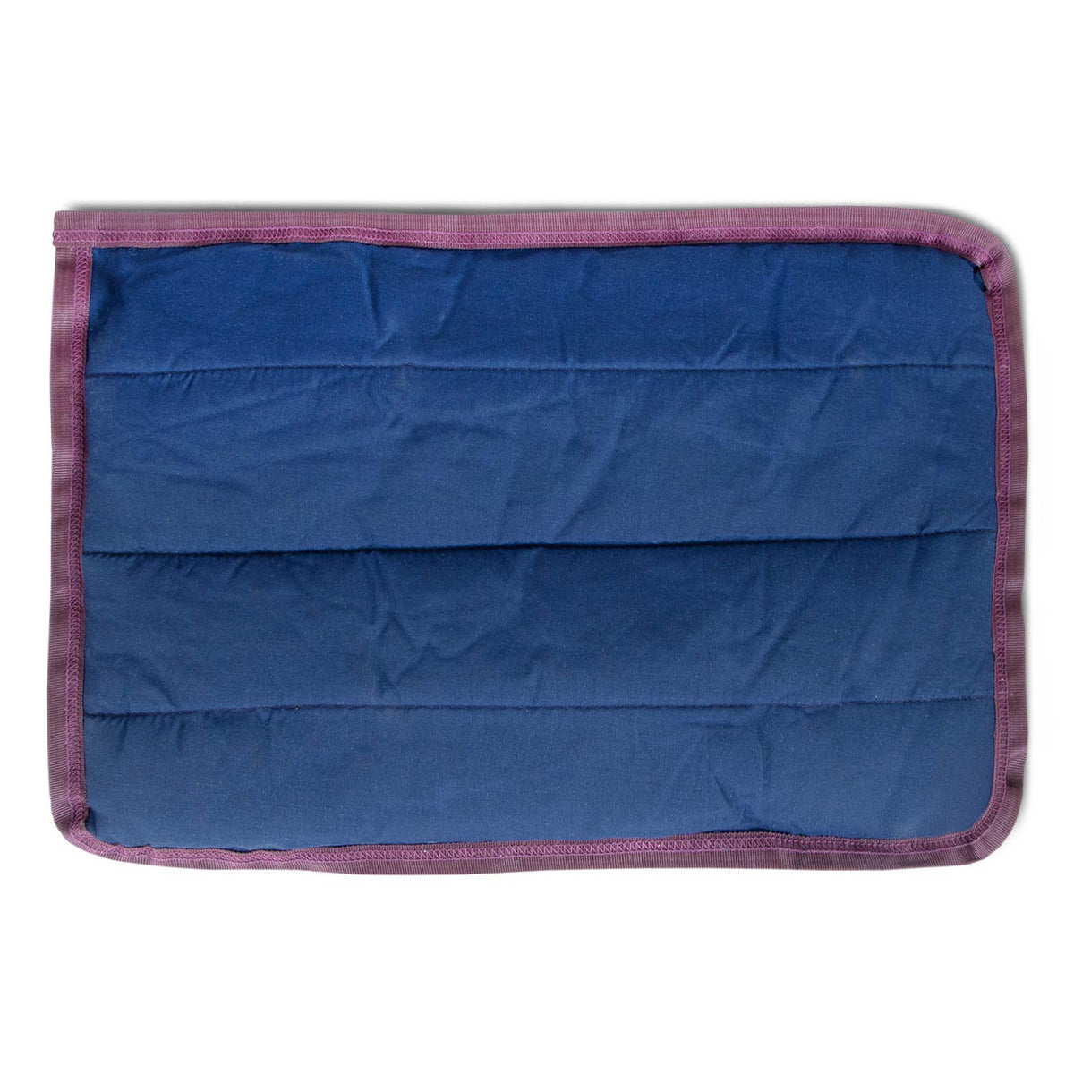 Navy blue Jeffers washable crate pad, flat top view with wine red trim around the edge