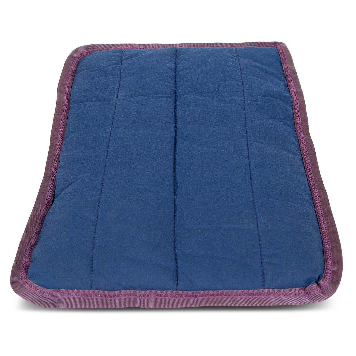 Navy blue Jeffers washable crate pad, end-on view showing the lengthwise quilted channels