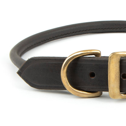 Jeffers rolled leather dog collar, close-up of the tapered strap tip and brass D-ring where the rolled section begins