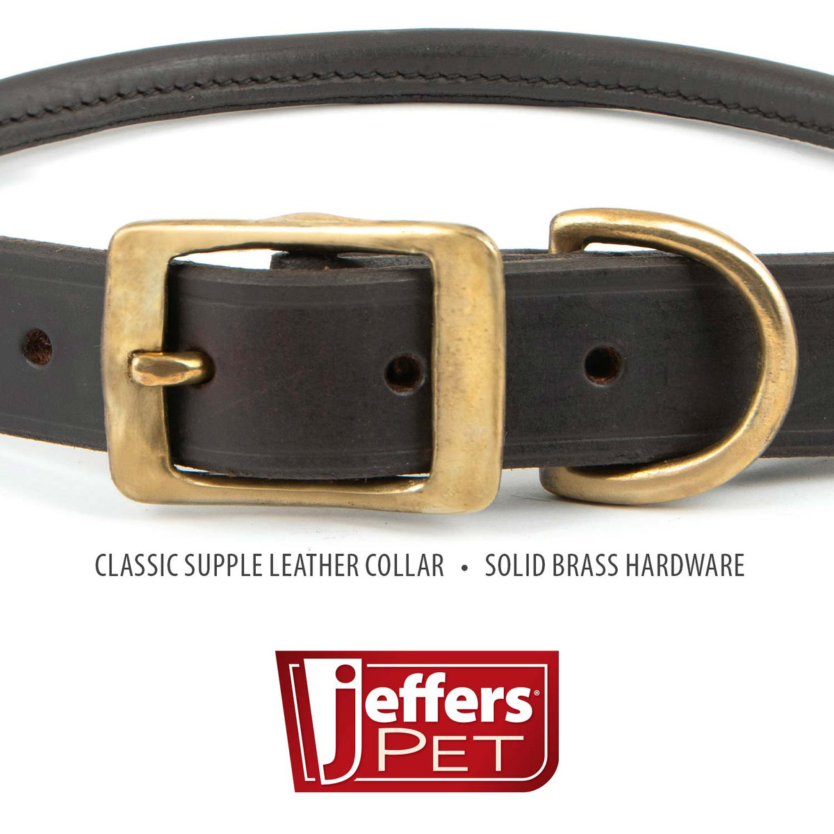 Jeffers rolled leather dog collar, buckle and D-ring close-up captioned supple leather and solid brass hardware