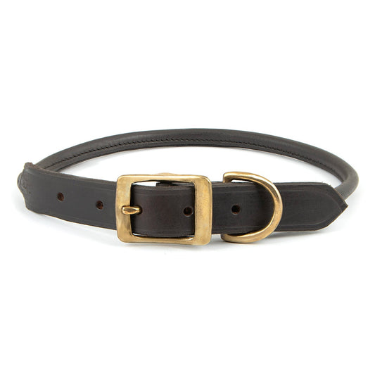 Jeffers rolled leather dog collar in dark brown, front view with solid brass buckle and D-ring