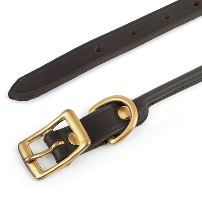 Jeffers rolled leather dog collar unbuckled, flat strap end with punched holes beside the brass buckle and D-ring