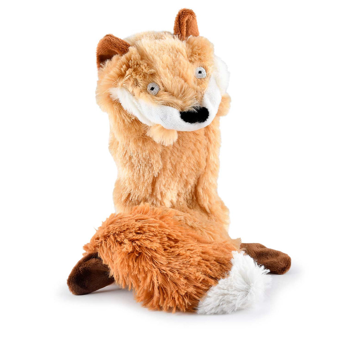 Jeffers Thinnies fox plush dog toy standing upright, tan body with a rust tail tipped in white