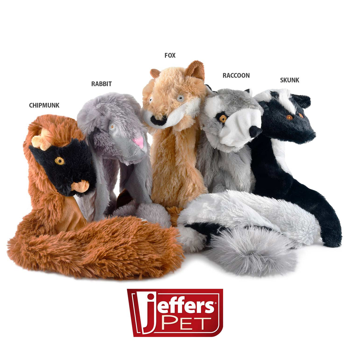 Jeffers Thinnies plush dog toys sitting upright with name labels: chipmunk, rabbit, fox, raccoon and skunk