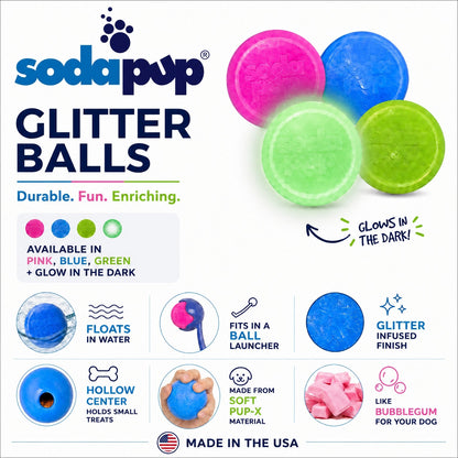 SodaPup Glitter Ball feature chart: four colors, floating in water, seated in a launcher, treats in the hollow center