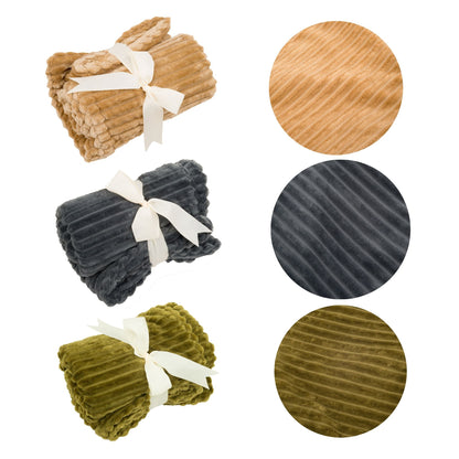 HuggleHounds Scout Blankie dog blanket in khaki, steel blue and olive, each rolled with a ribbon beside a fabric swatch