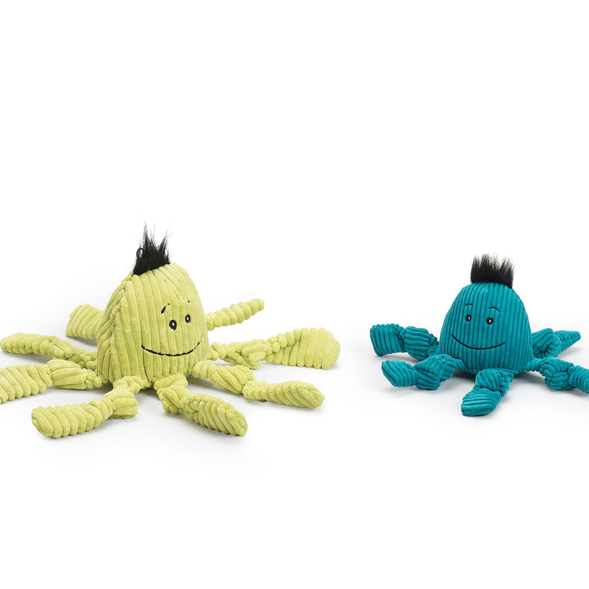 Octavie Octopus Knottie dog toys on white, the lime green Large beside the smaller teal Small