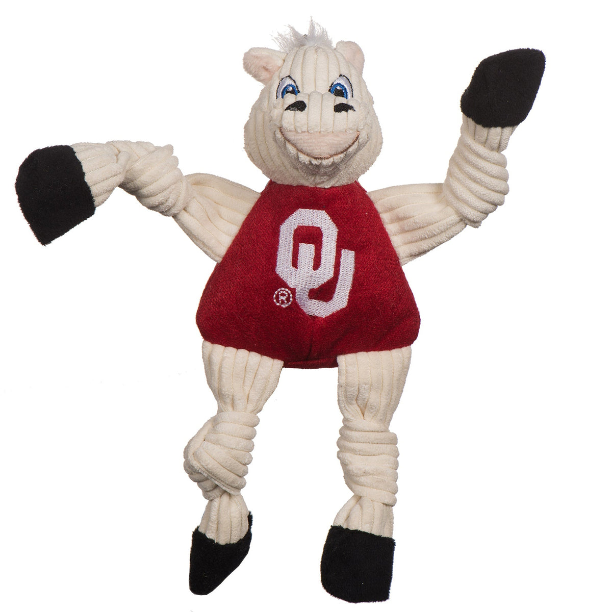 HuggleHounds Oklahoma Sooner Knottie plush dog toy on white, cream corduroy pony in a crimson OU shirt, arms out