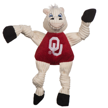HuggleHounds Oklahoma Sooner Knottie plush dog toy on white, cream corduroy pony in a crimson OU shirt, arms out