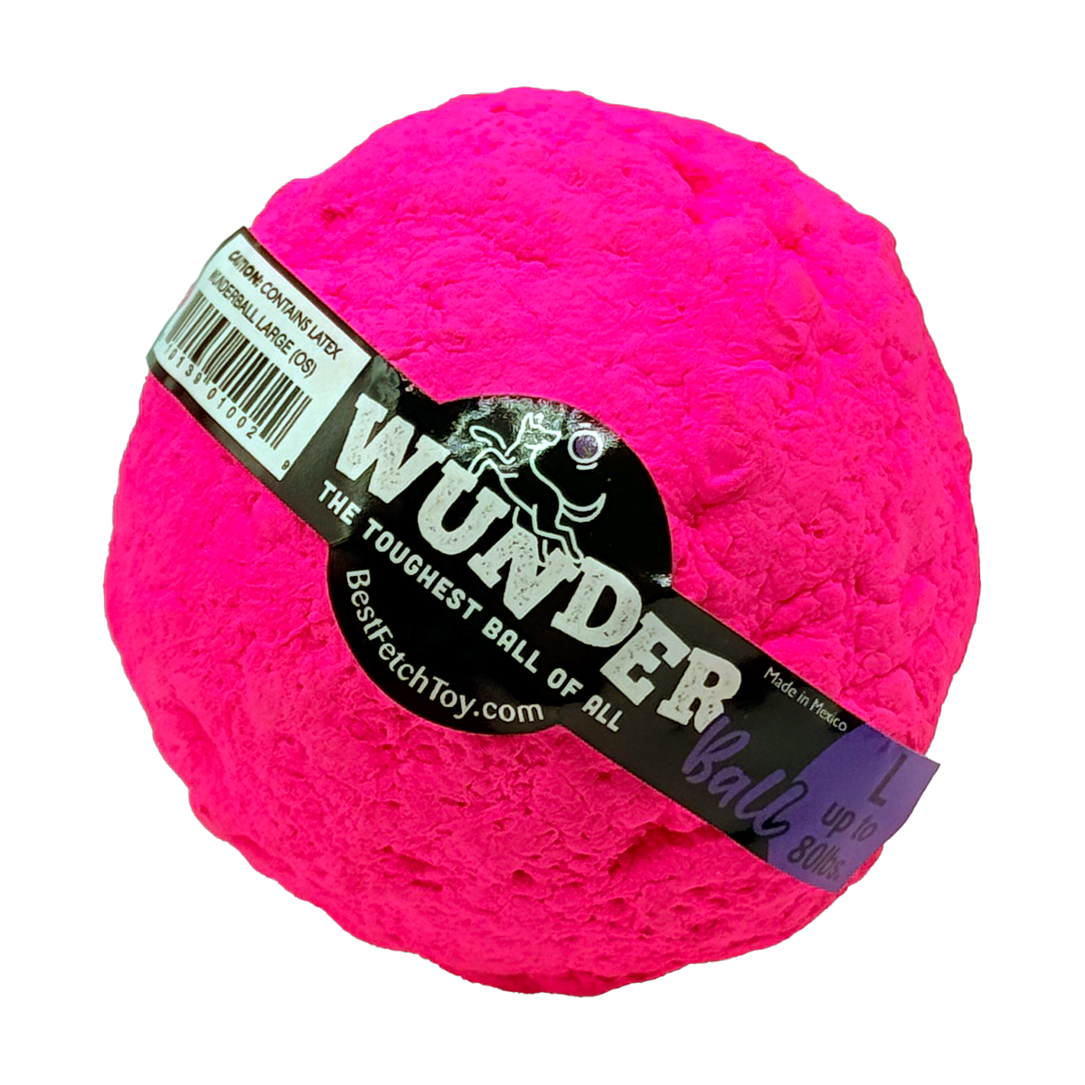 Hot pink WUNDERball in Large, label band wrapped diagonally with the purple L tab at the bottom