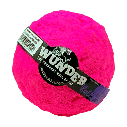 Hot pink WUNDERball in Large, label band wrapped diagonally with the purple L tab at the bottom