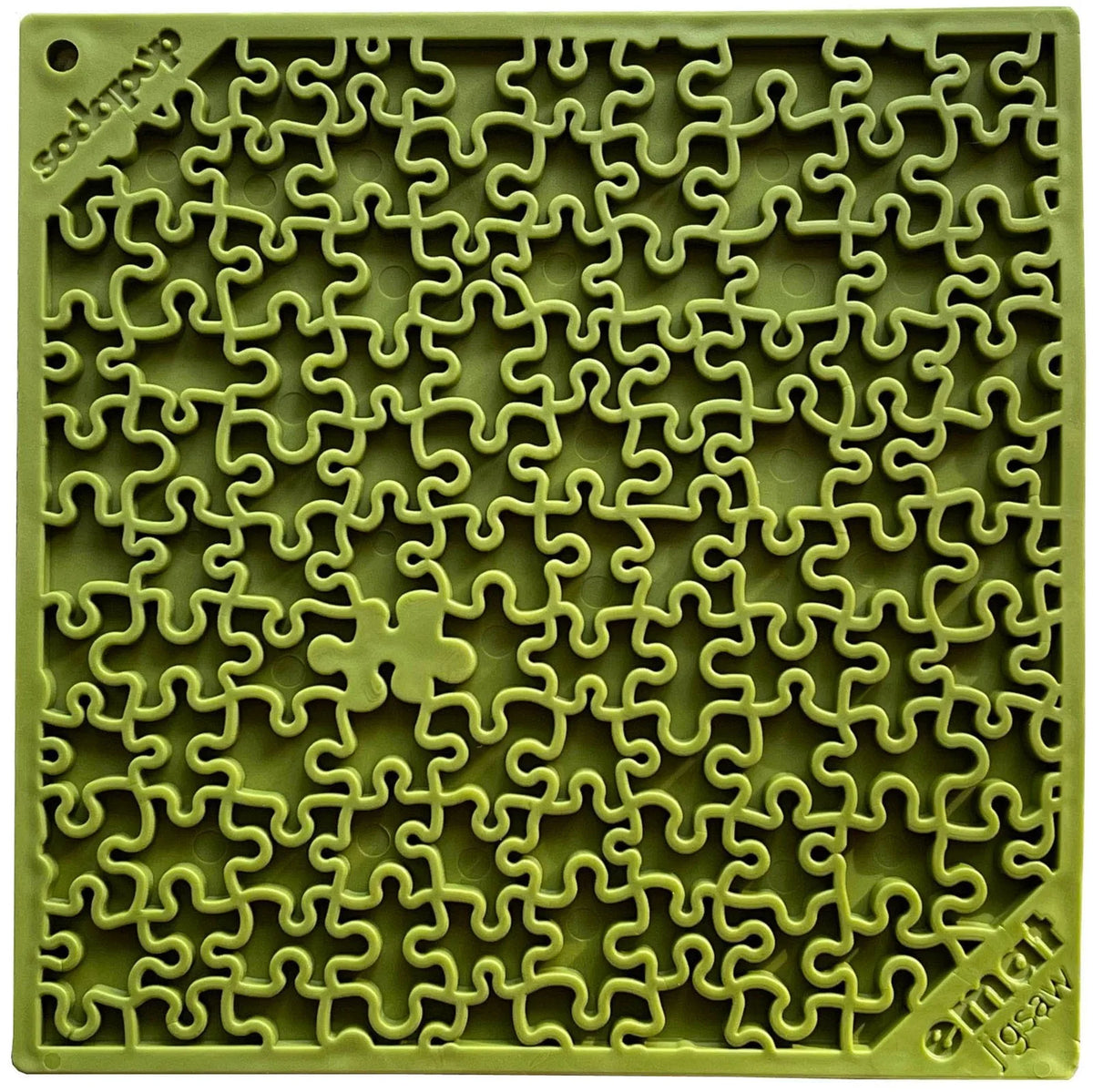 Jigsaw eMat lick mat in green, flat top view of the tight puzzle-piece maze and corner hanging hole