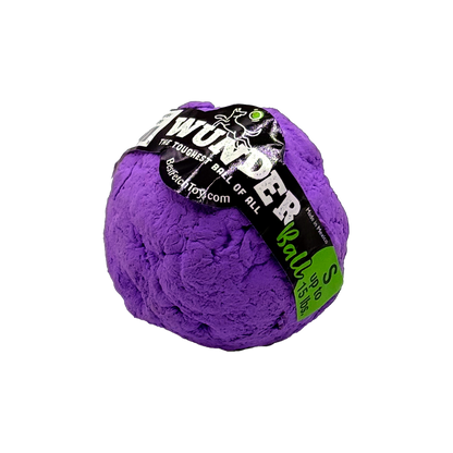 Purple WUNDERball in Small, tilted to show its lumpy shape, with the green S tab on the label