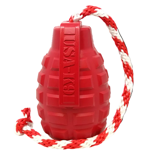SodaPup USA-K9 Grenade tug toy in red rubber with a red and white braided rope, front view
