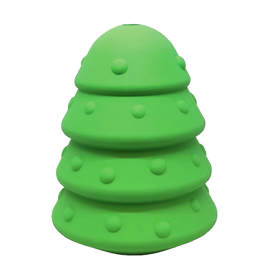 SodaPup Christmas Tree treat dispenser in green natural rubber, front view of the molded ornaments on white