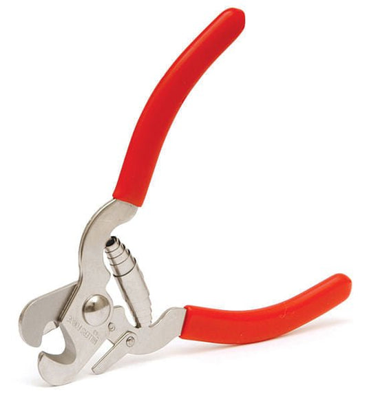 Millers Forge dog nail clipper, plier style with red grips and a steel return spring, angled side view
