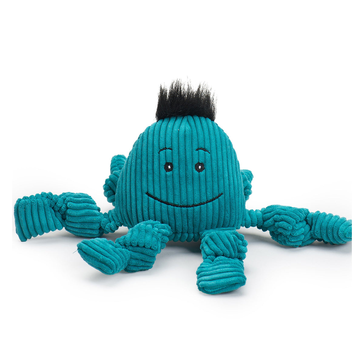 HuggleHounds Octavie Octopus Knottie plush dog toy on white, the teal Small with six knotted legs and a black tuft