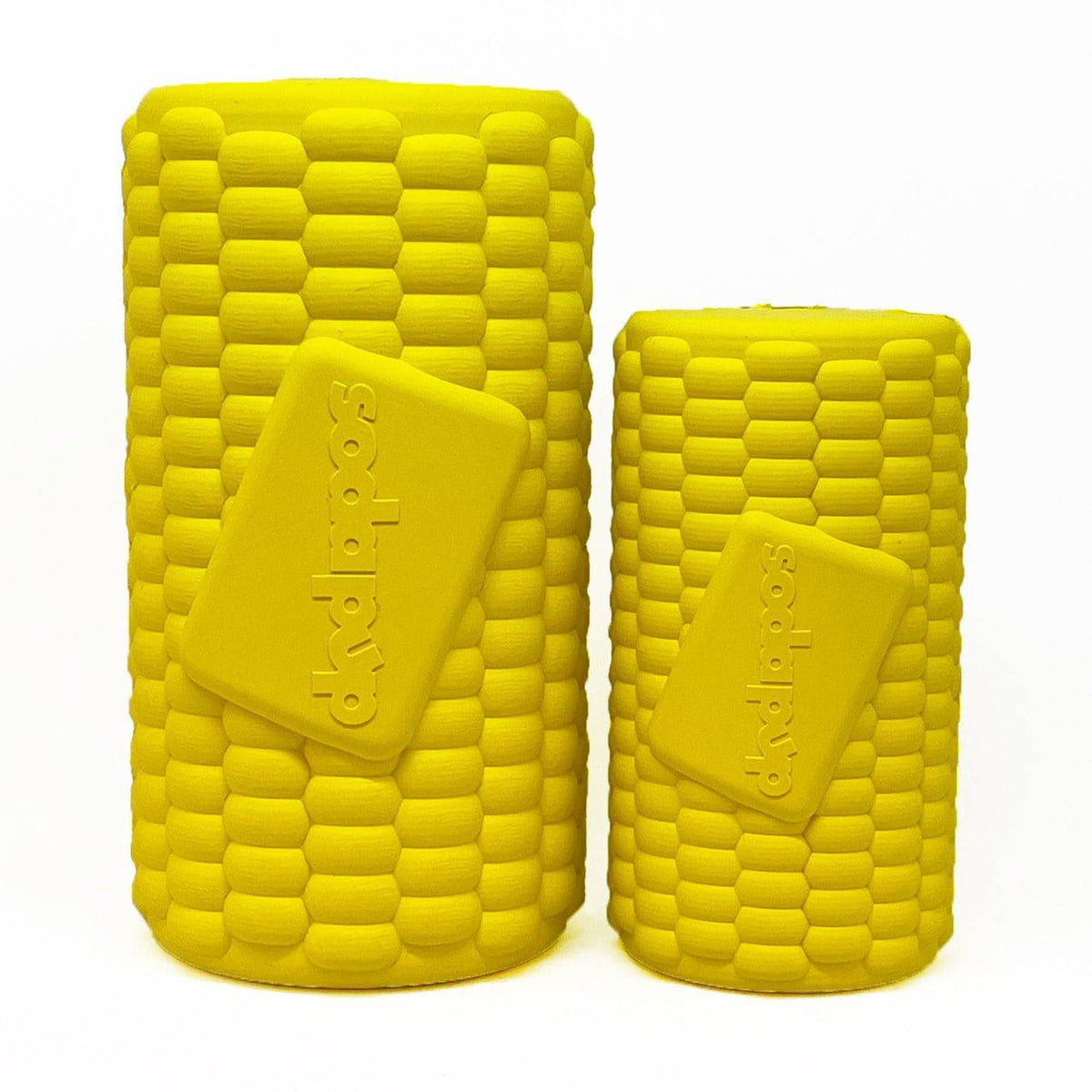 Corn on the Cob treat dispensers side by side, the Large on the left and the Medium on the right