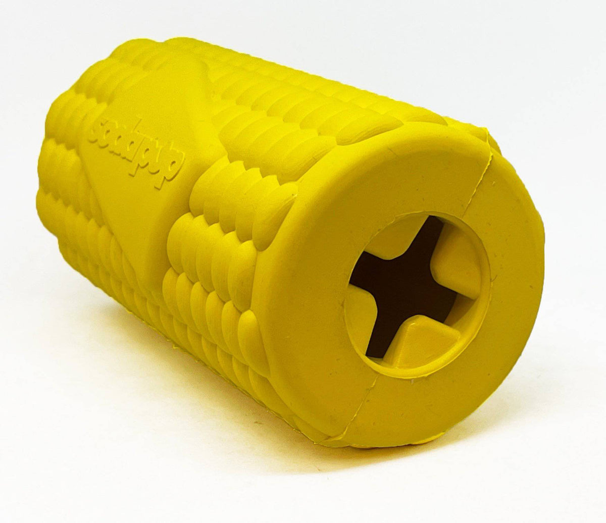 Corn on the Cob treat dispenser, end view of the cross-cut fill opening with rubber teeth