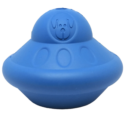 SodaPup Flying Saucer treat dispenser dog toy in blue, a UFO-shaped rubber toy with an embossed dog face, on white