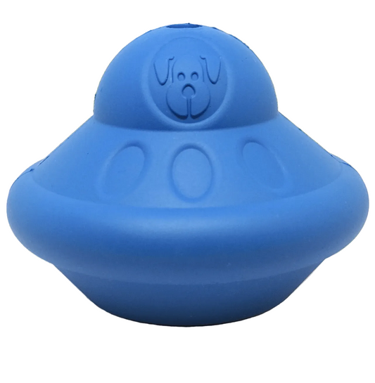 SodaPup Flying Saucer treat dispenser dog toy in blue, a UFO-shaped rubber toy with an embossed dog face, on white
