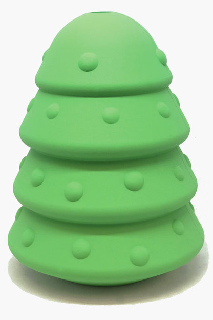 Christmas Tree treat dispenser standing upright on a pale studio backdrop, four tiers dotted with raised ornaments