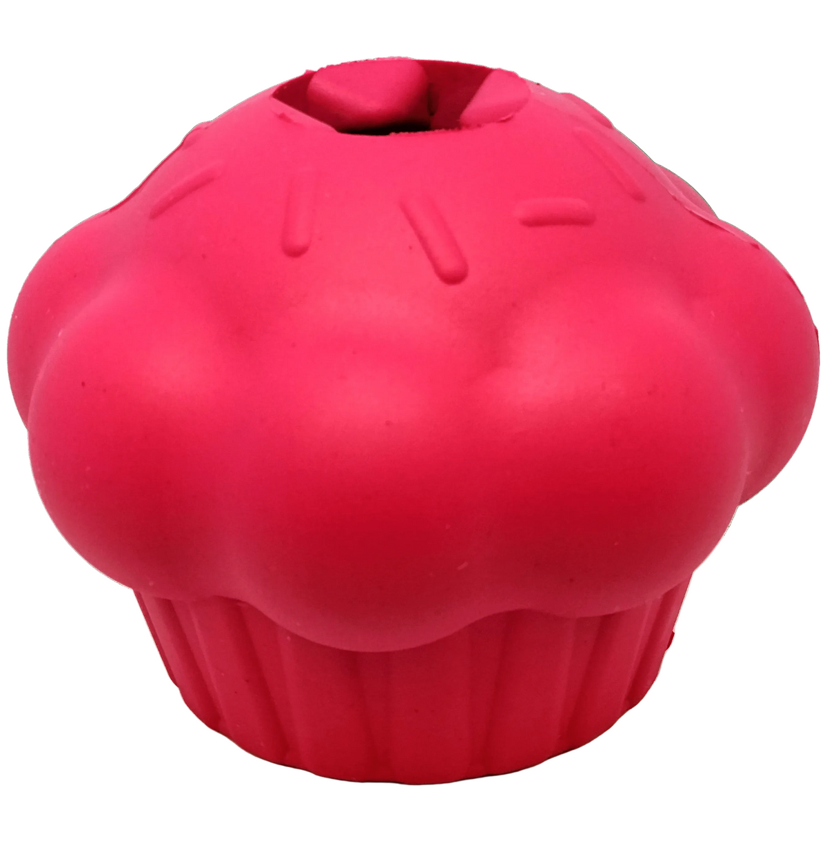 SodaPup Cupcake treat dispenser in pink natural rubber, a frosted cupcake shape with molded sprinkles, on white