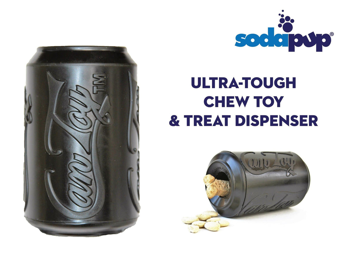 Black SodaPup Magnum Can Toy standing upright beside a second can on its side holding a biscuit, with SodaPup logo