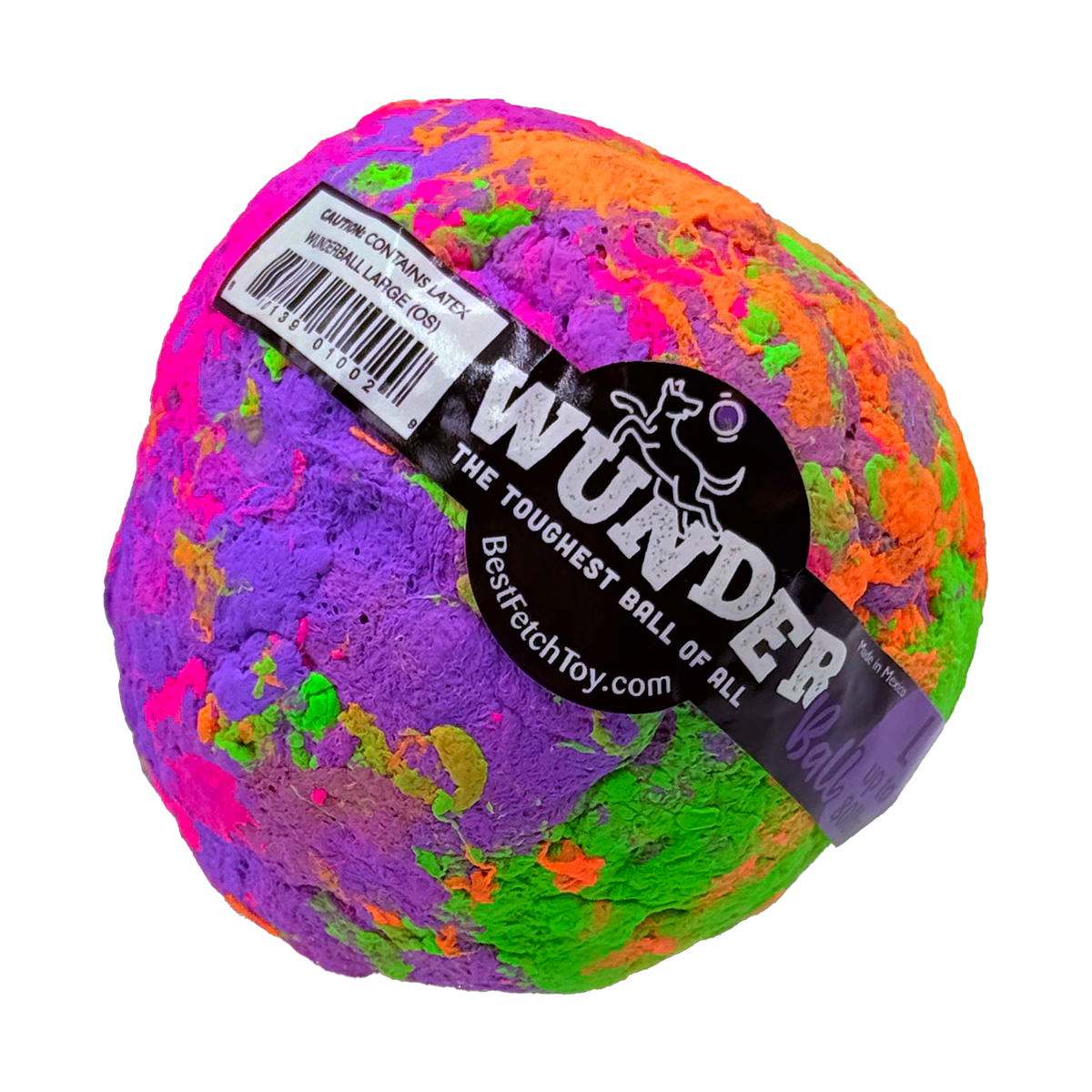 Swirl WUNDERball in Large, mostly purple with orange, green, and pink patches, label on the diagonal