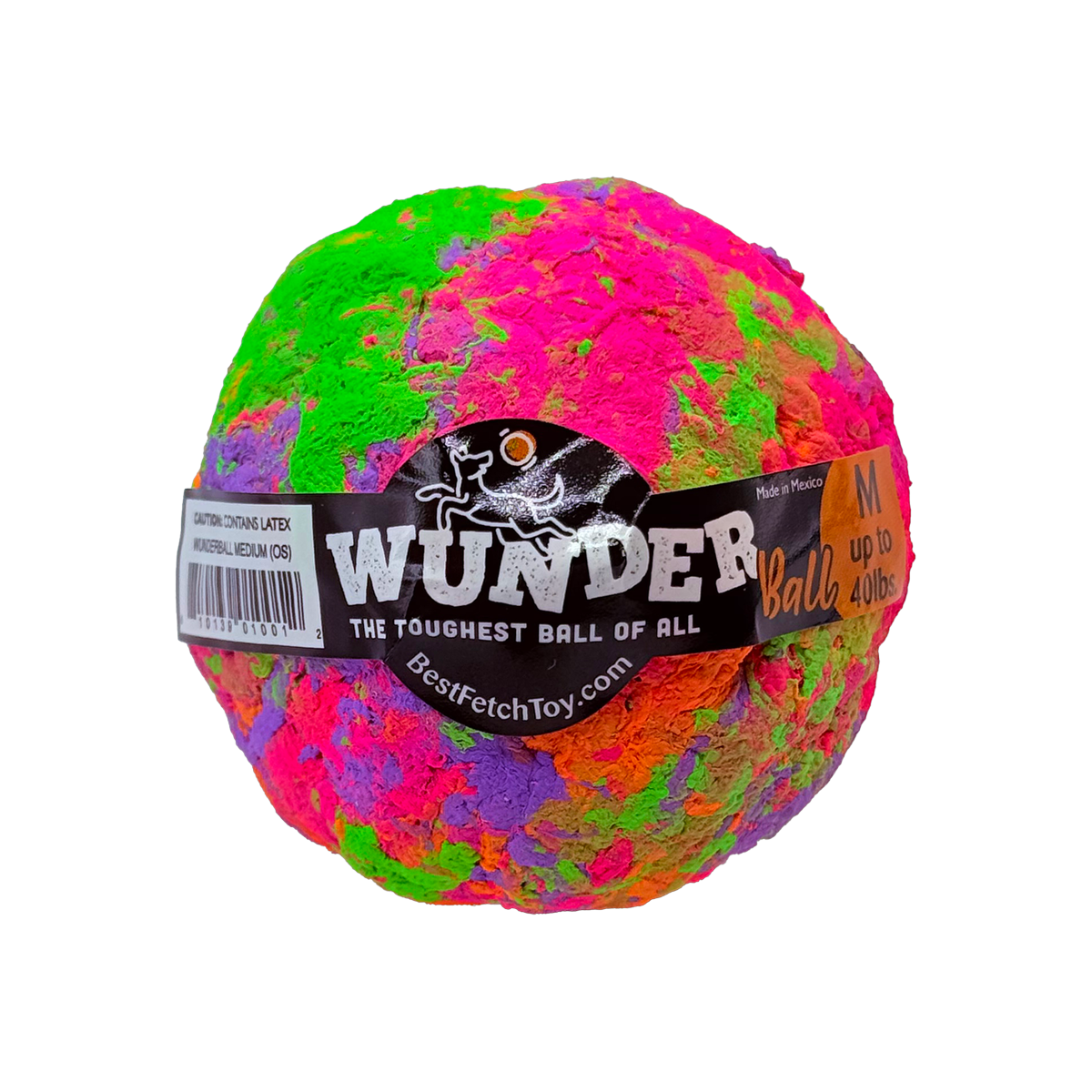 Swirl WUNDERball in Medium, pink and green on top with orange and purple below, on a white background