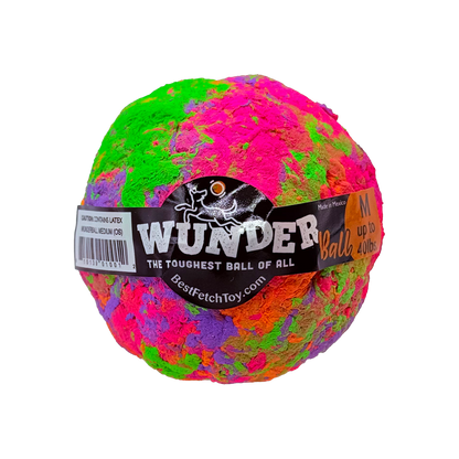 Swirl WUNDERball in Medium, pink and green on top with orange and purple below, on a white background