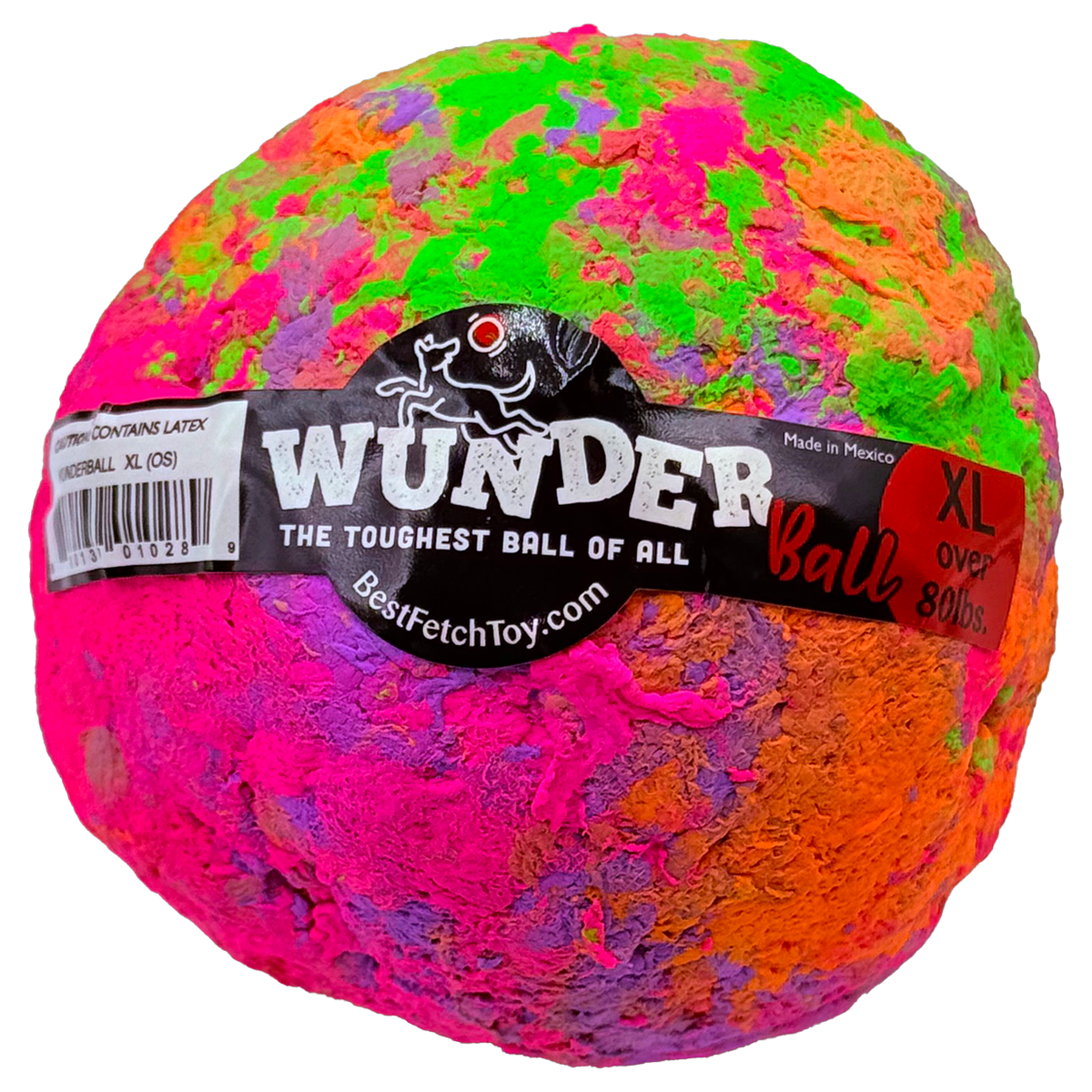 Swirl WUNDERball in XL, with pink, orange, and purple on the lower half and a bright green top