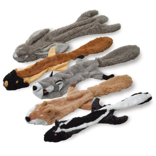 Jeffers Thinnies stuffing-free plush dog toys, all five critters laid flat: rabbit, chipmunk, raccoon, fox and skunk