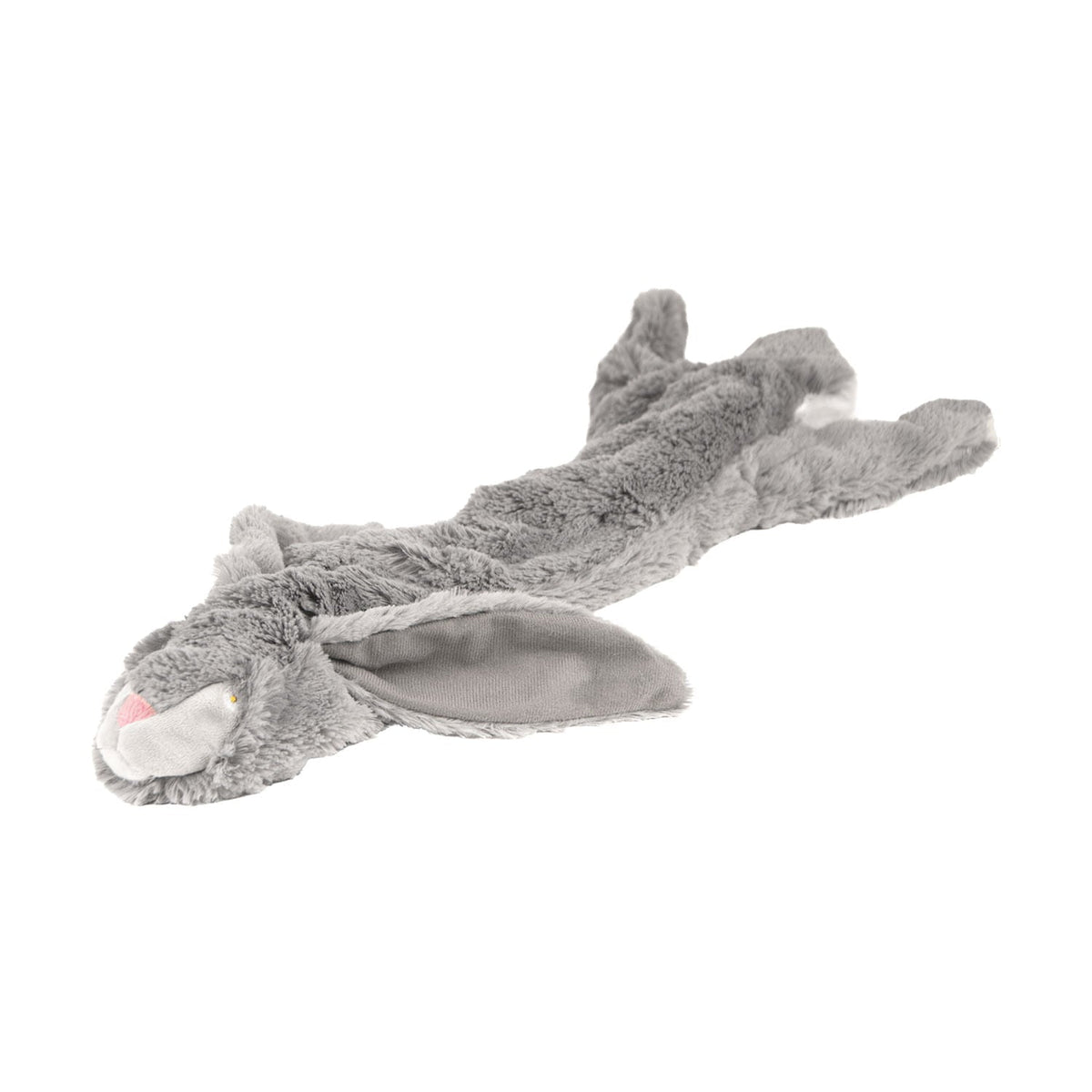 Jeffers Thinnies rabbit, flat gray stuffing-free plush dog toy with long floppy ears and a pink nose