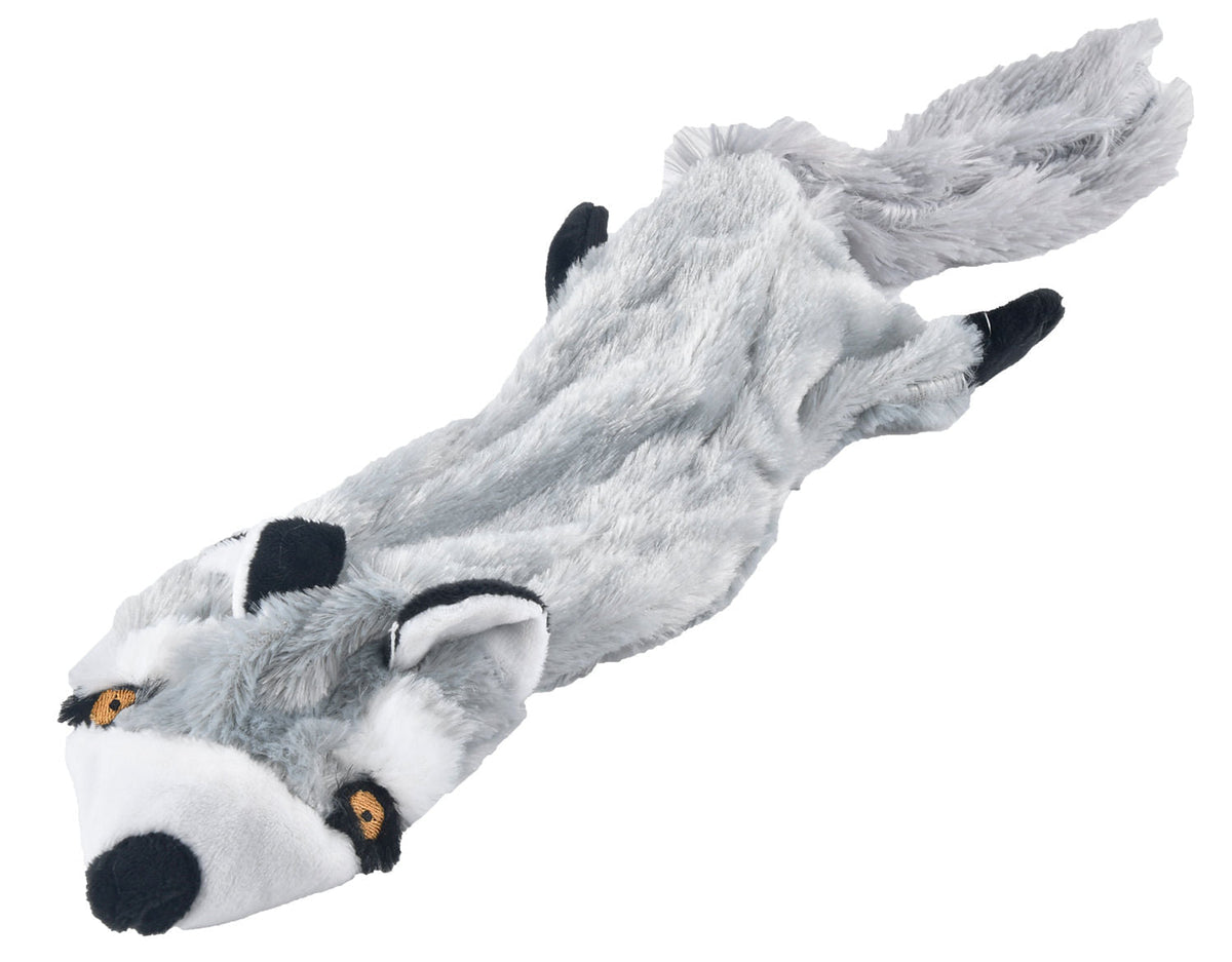 Jeffers Thinnies raccoon, flat gray and white stuffing-free plush dog toy with black ears and paws