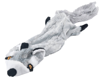 Jeffers Thinnies raccoon, flat gray and white stuffing-free plush dog toy with black ears and paws