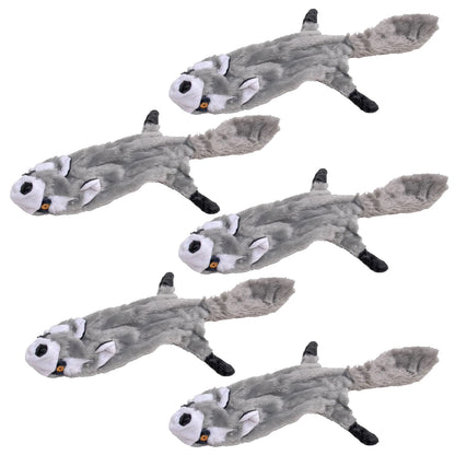 Jeffers Thinnies raccoon 5 pack, five flat gray plush dog toys with white faces and black paws