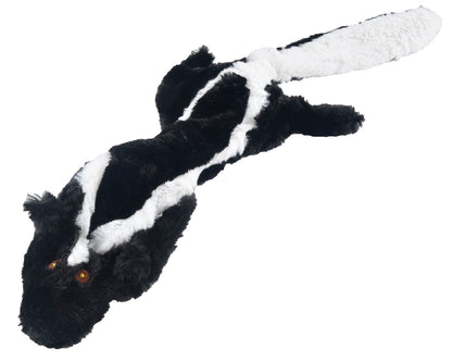 Jeffers Thinnies skunk, flat black stuffing-free plush dog toy with white stripes and a white tail