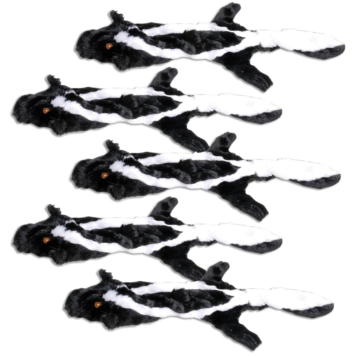 Jeffers Thinnies skunk 5 pack, five flat black and white striped plush dog toys
